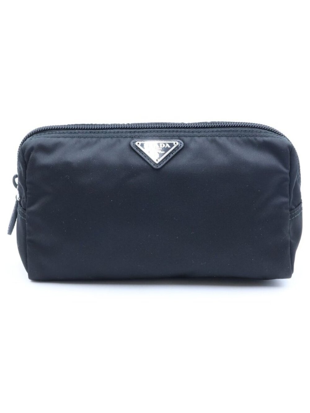 Prada Triangle Logo Tessuto Nylon Makeup Pouch Case Black Silver